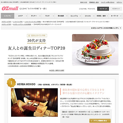 友人の誕生日ディナーランキングTOP20